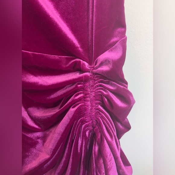 PLT Fuchsia Velvet Strappy Ruched Frill Hem Bodycon Dress - Picture 3 of 4